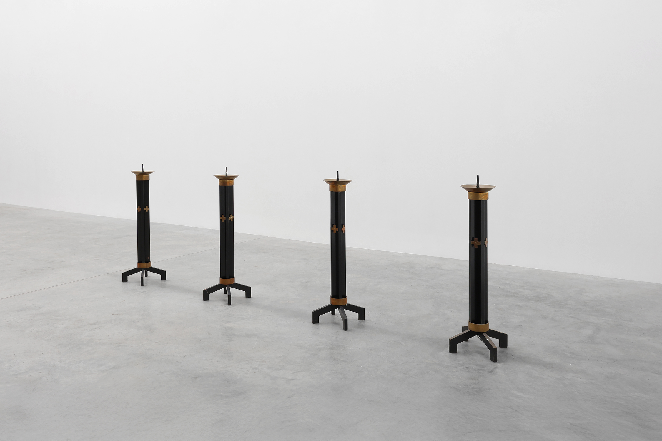 Rare set of 4 very large church candle sticks in black metal and copper, 1960sthumbnail